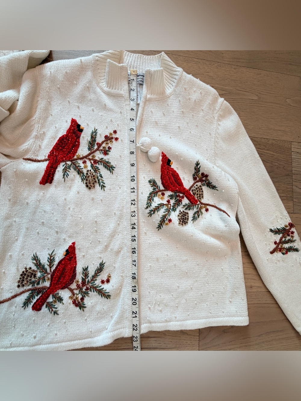 Tiara International Christmas Cardinal Sweater M Beaded Zip Front Pom Pom Vtg - Picture 10 of 11